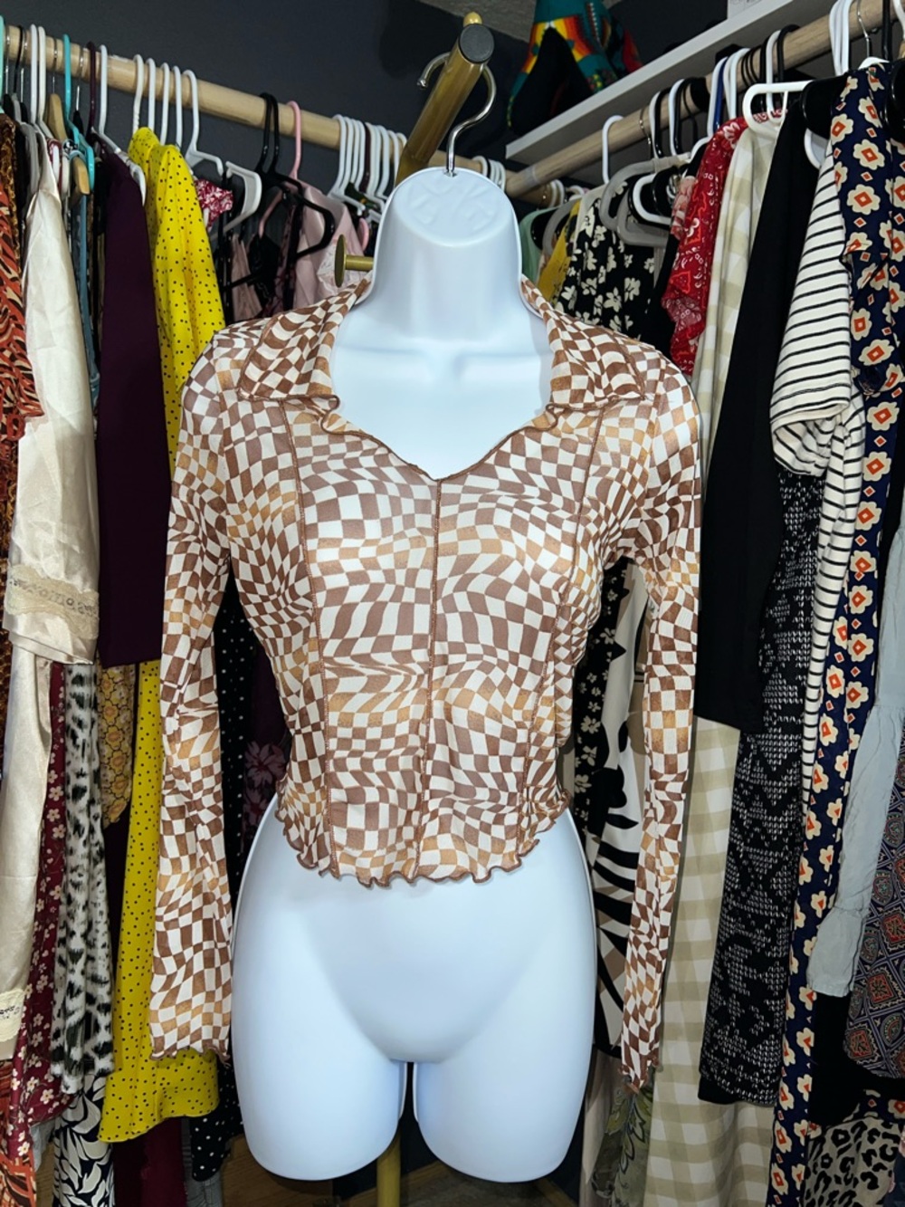 Self Esteem Brown Checkerboard Long Sleeve top size small